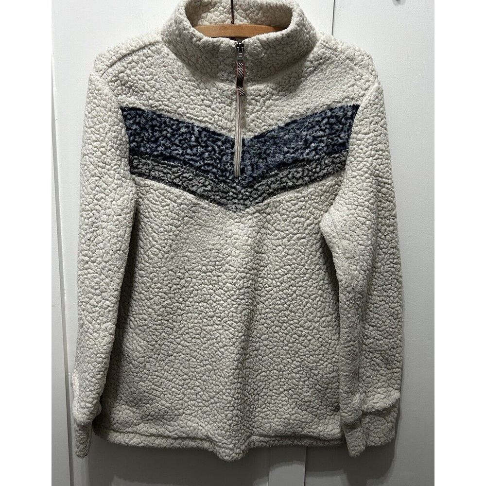 Weatherproof 1/4 Zip  Small Cozy Pullover Faux Sherpa‎ Cream Blue Gray Chevron - Picture 2 of 12